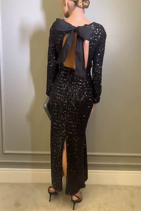 Sequin Long Sleeve Backless Bow Maxi Dress - View 4