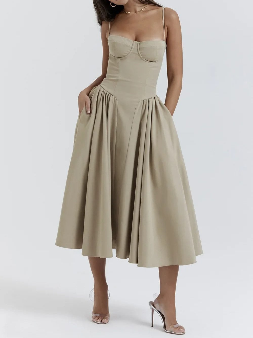 Spaghetti Strap Sweetheart Corset Fit and Flare Midi Dress 30