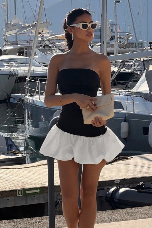 Strapless Bubble Hem Contrast Peplum Fit and Flare Mini Party Dress - View 3