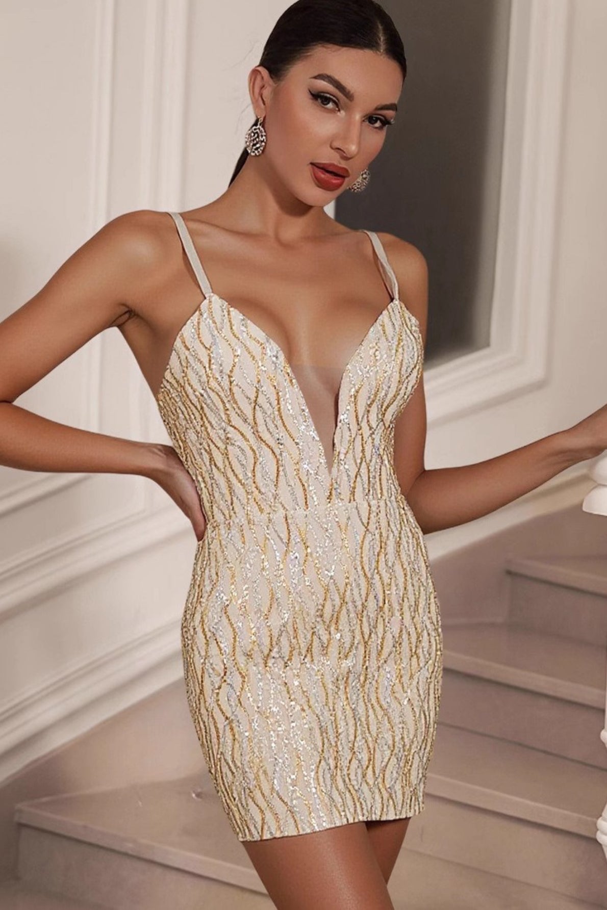 Sequin Spaghetti Strap Deep V-Neck Bodycon Mini Graduation Party Dress - View 2