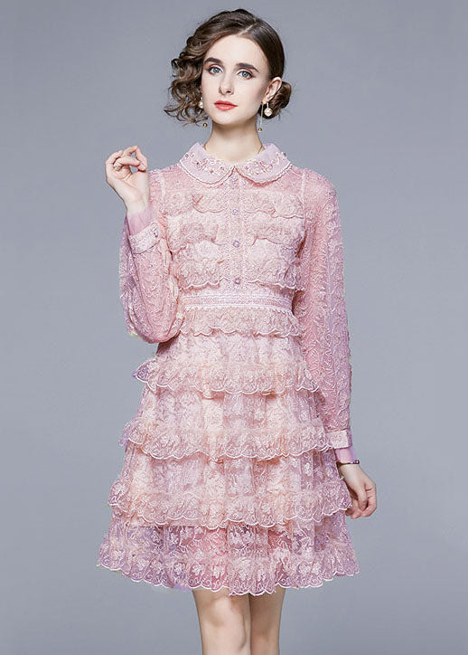 Lace Peter Pan Collar Button Front Tiered Ruffle Mini Dress - View 3