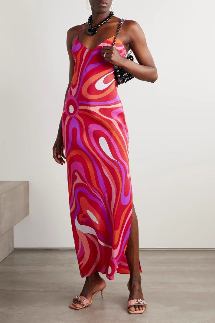 Spaghetti Strap Deep V-Neck Abstract Print Satin Slip Maxi Dress - View 6