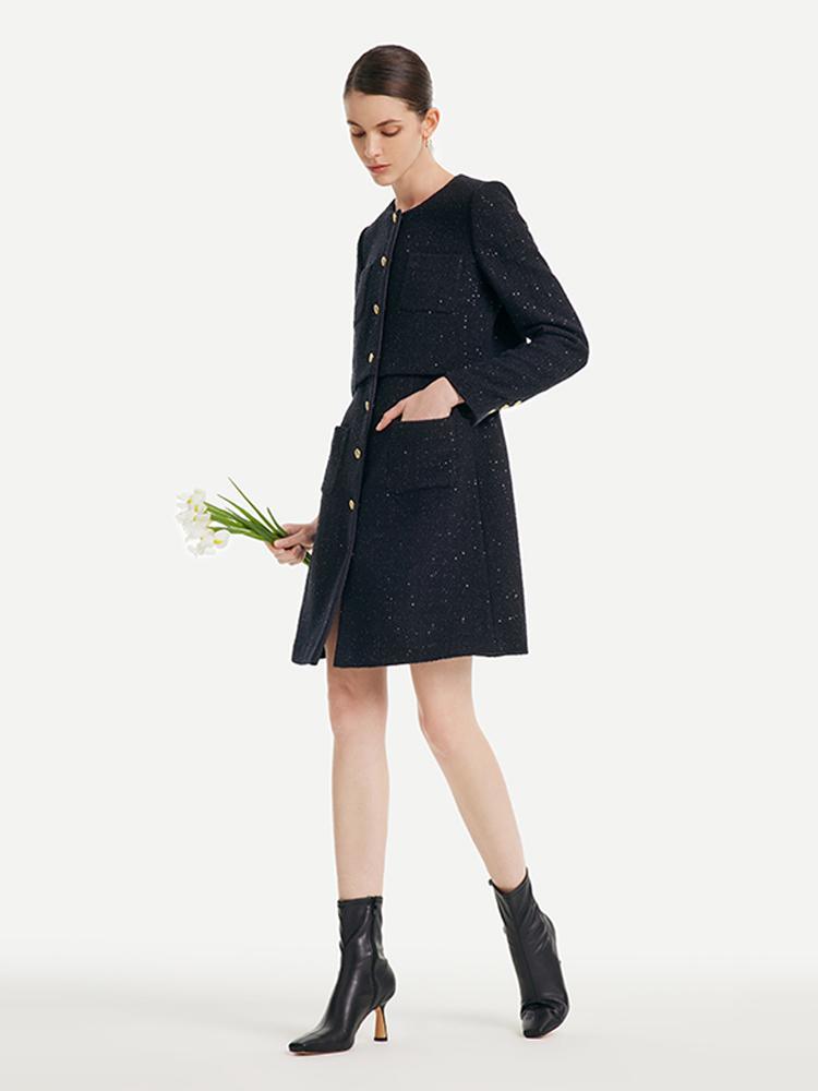 Tweed Collarless Button Front Patch Pocket Long Sleeve Mini Coat Dress