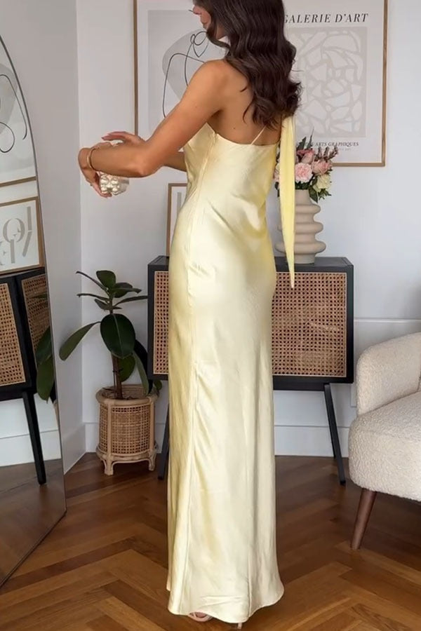 Satin One Shoulder Scarf Neck Tie Bodycon Maxi Dress - View 4