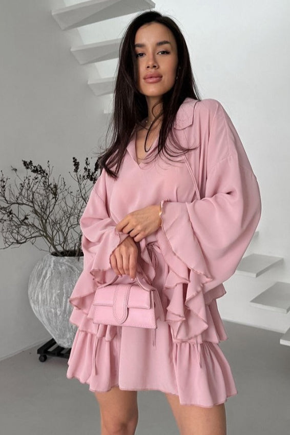 Ruffled Chiffon Pink Mini Dress - View 4