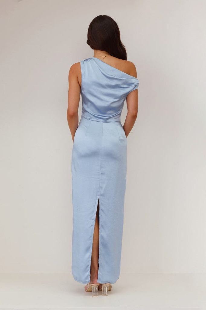 Satin One Shoulder Draped Column Maxi Dress - View 16