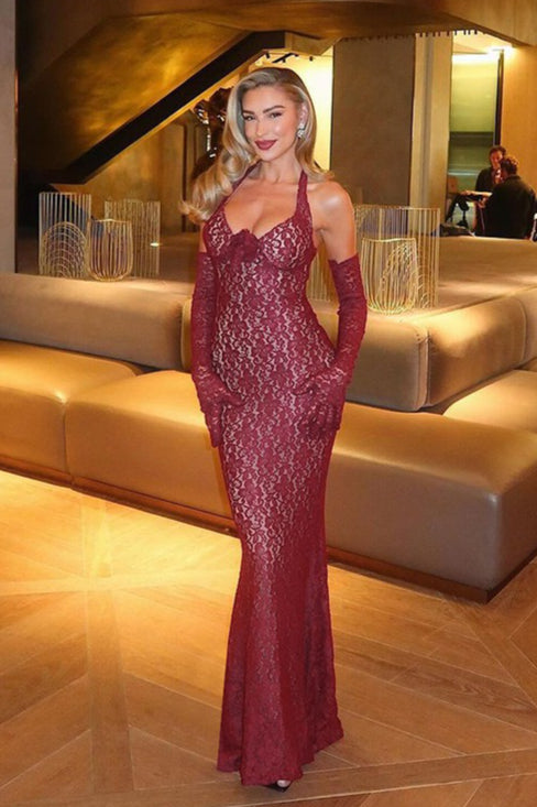 Lace Halter Neck Sweetheart Backless Mermaid Maxi Gown - View 2