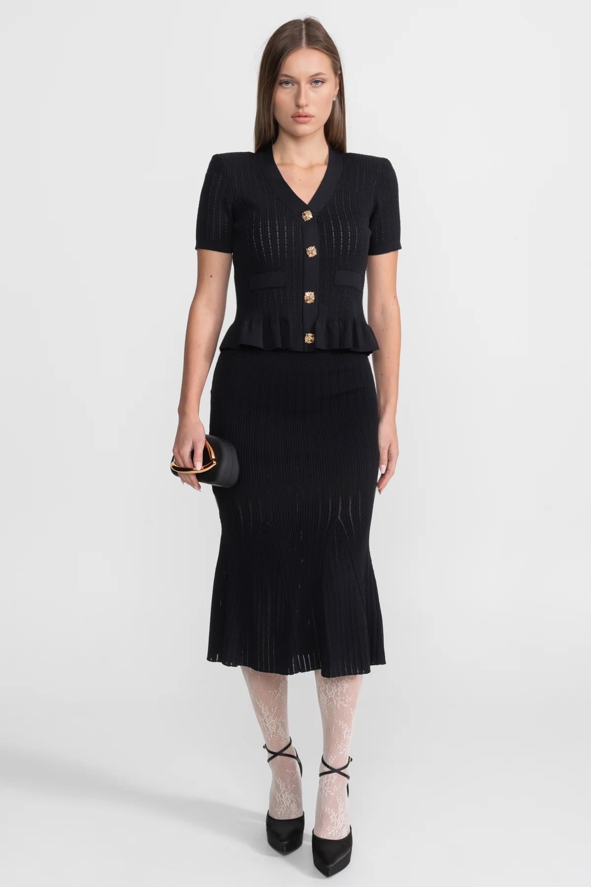 Knit Midi Co-Ord with Peplum Waist and Gold Buttons  – Black