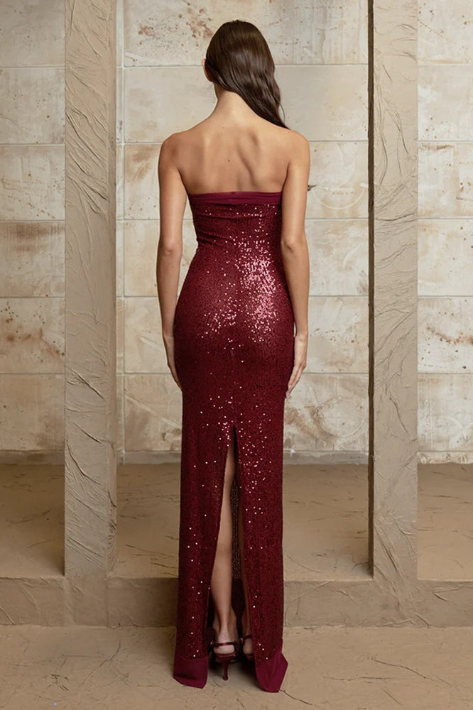 Sequin Strapless Contrast Band Bodycon Column Maxi Dress 7