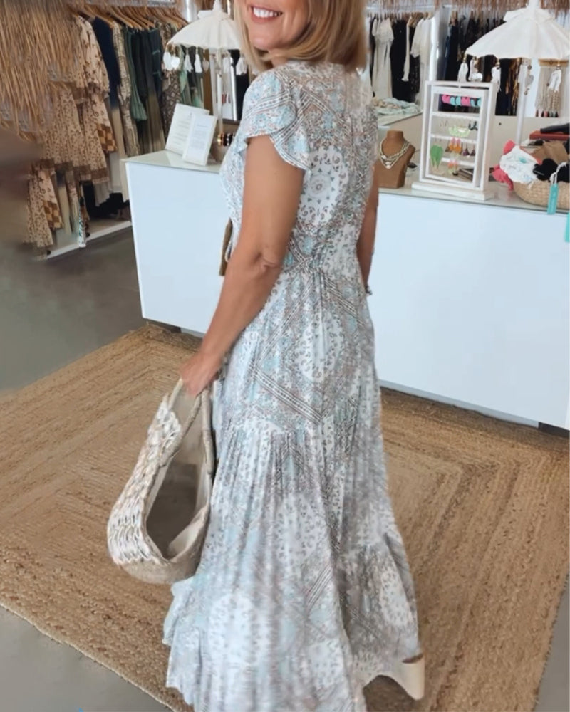 V-Neck Flutter Sleeve Buttoned Tiered Boho Maxi Dress - View 6