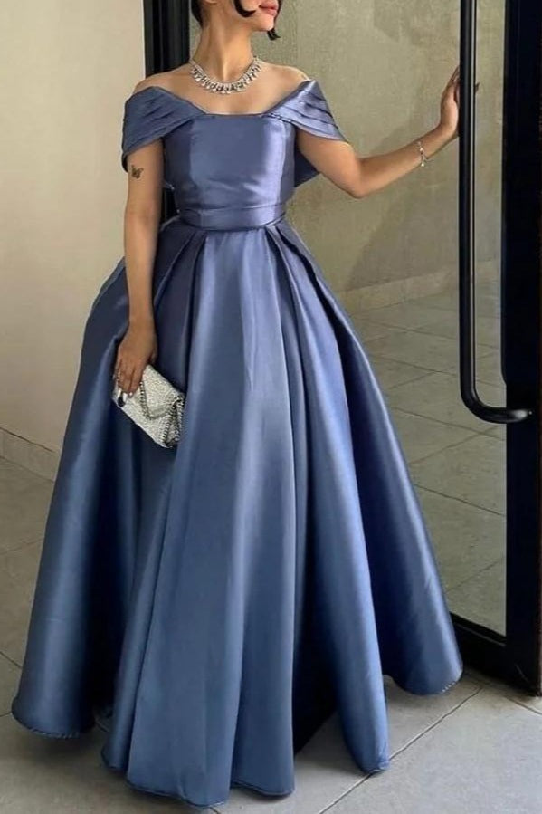 Satin Off Shoulder Pleated Ball Gown - View 2