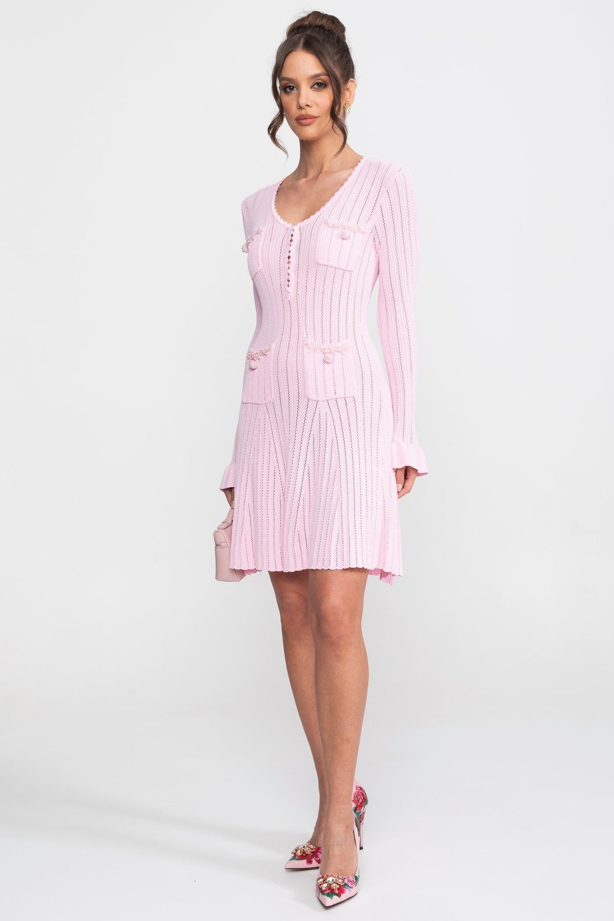 Open-Knit Mini Dress With Scallop Neck And Ruffle Cuffs - Pink - View 6
