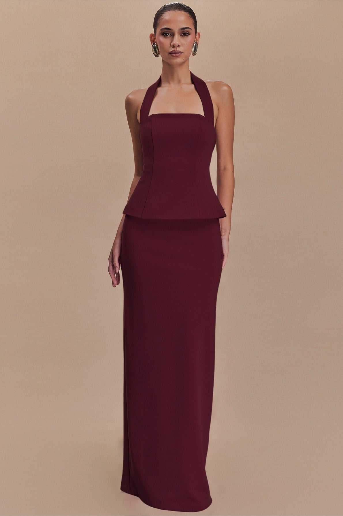 Halter Neck Backless Peplum Maxi Gown - View 12