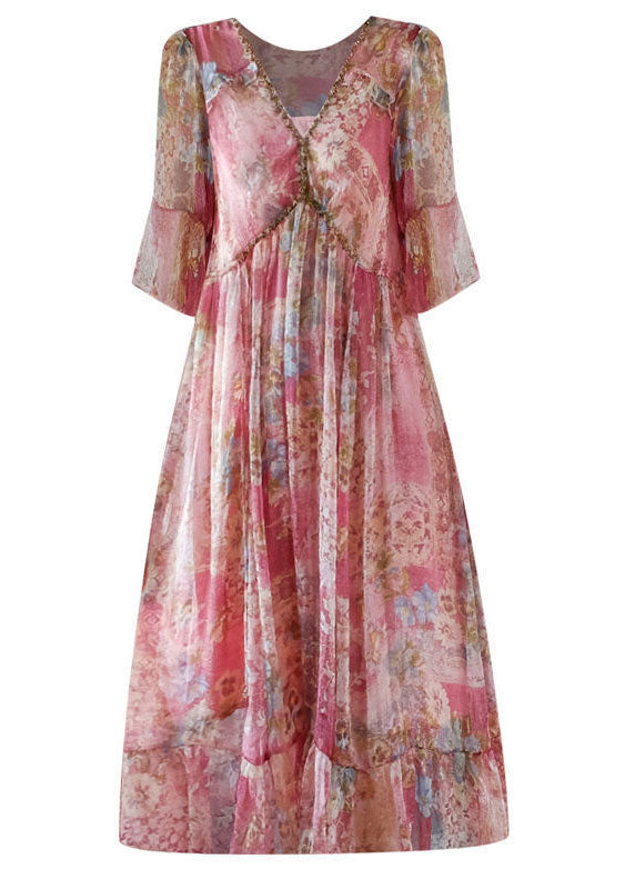 Floral Print Deep V-Neck Flutter Sleeve Drawstring Tiered Midi Dress - View 5