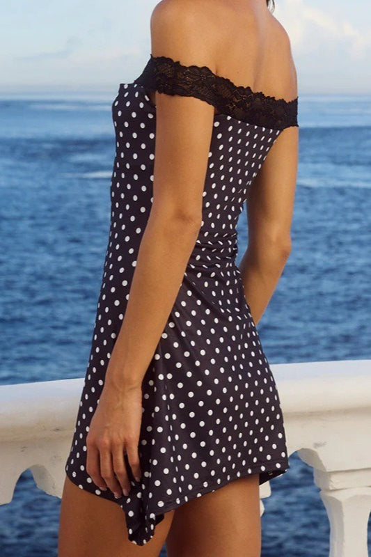Off Shoulder Polka Dot Lace Trim Bodycon Mini Dress in Black - View 2