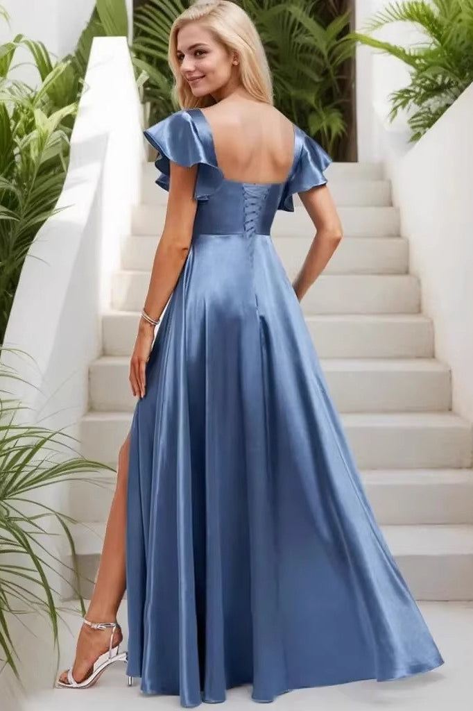 Square Neck Flutter Sleeve Satin High Split A-Line Maxi Dress 3