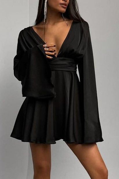 Satin Deep V Backless Flare-Sleeve Silk Dress - View 3