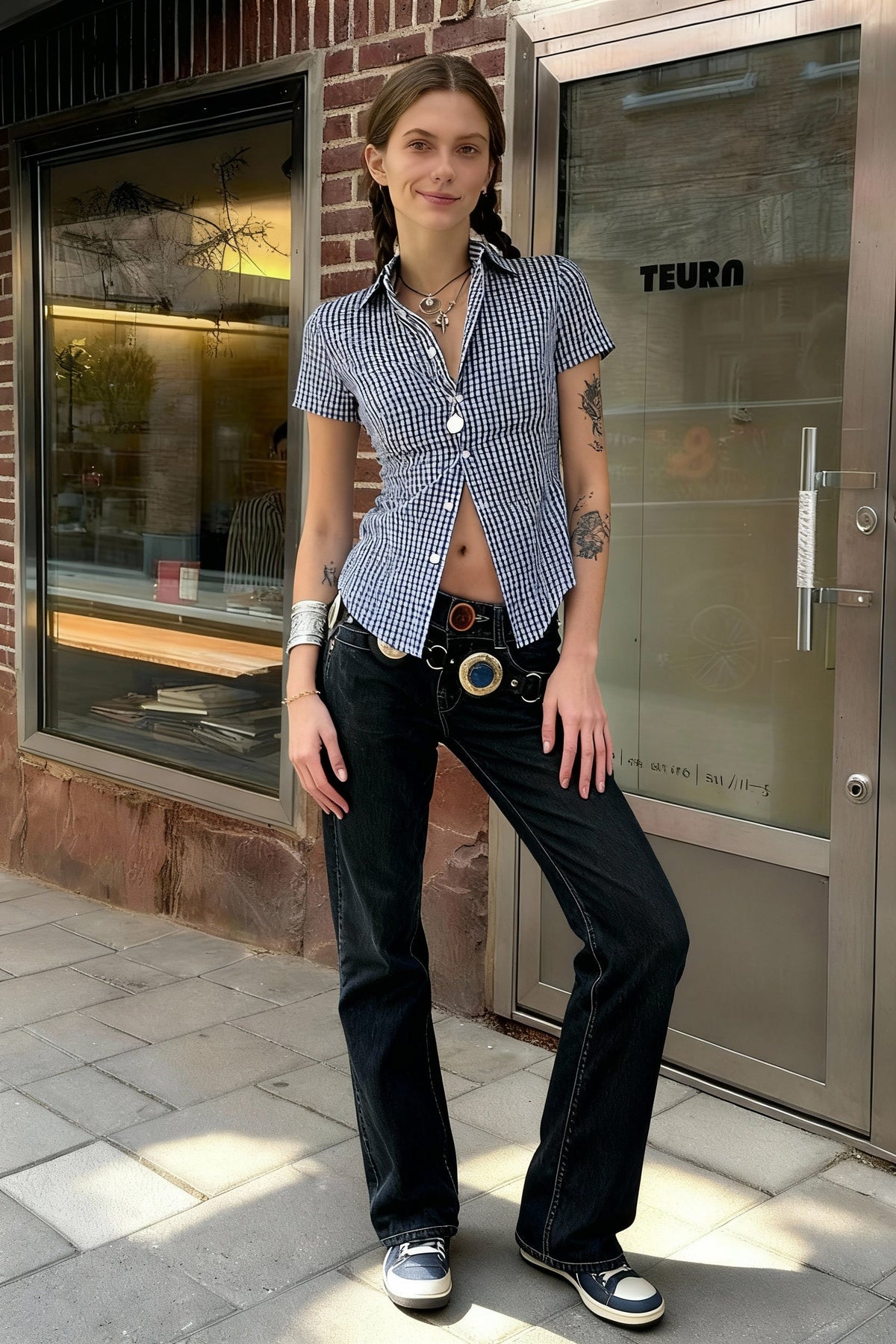 Blue Plaid Fitted Polo Collar Short Sleeve Blouse