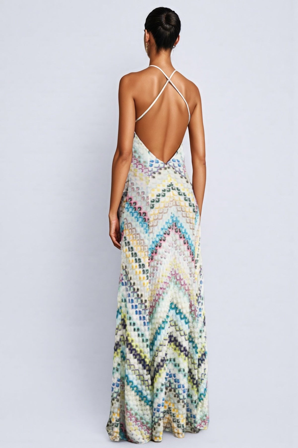 Geometric Chevron Print Halter Deep V-Neck Sleeveless Maxi Dress - View 3