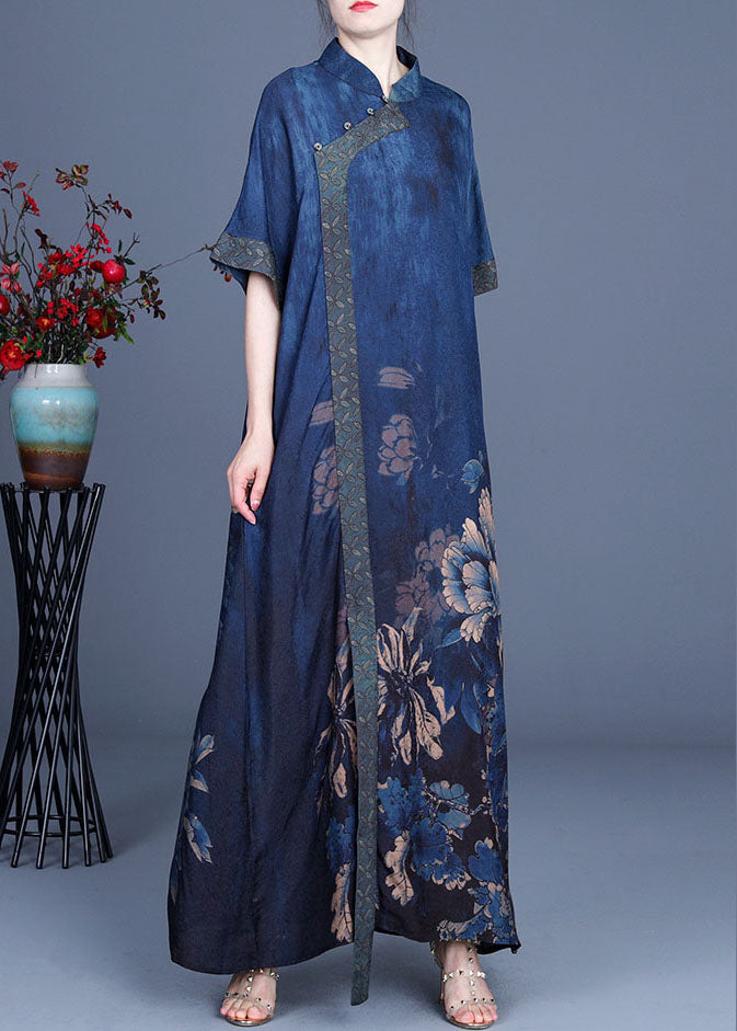 Floral Print Mandarin Collar Asymmetrical Button Short Sleeve Oversized Maxi Dress - View 2
