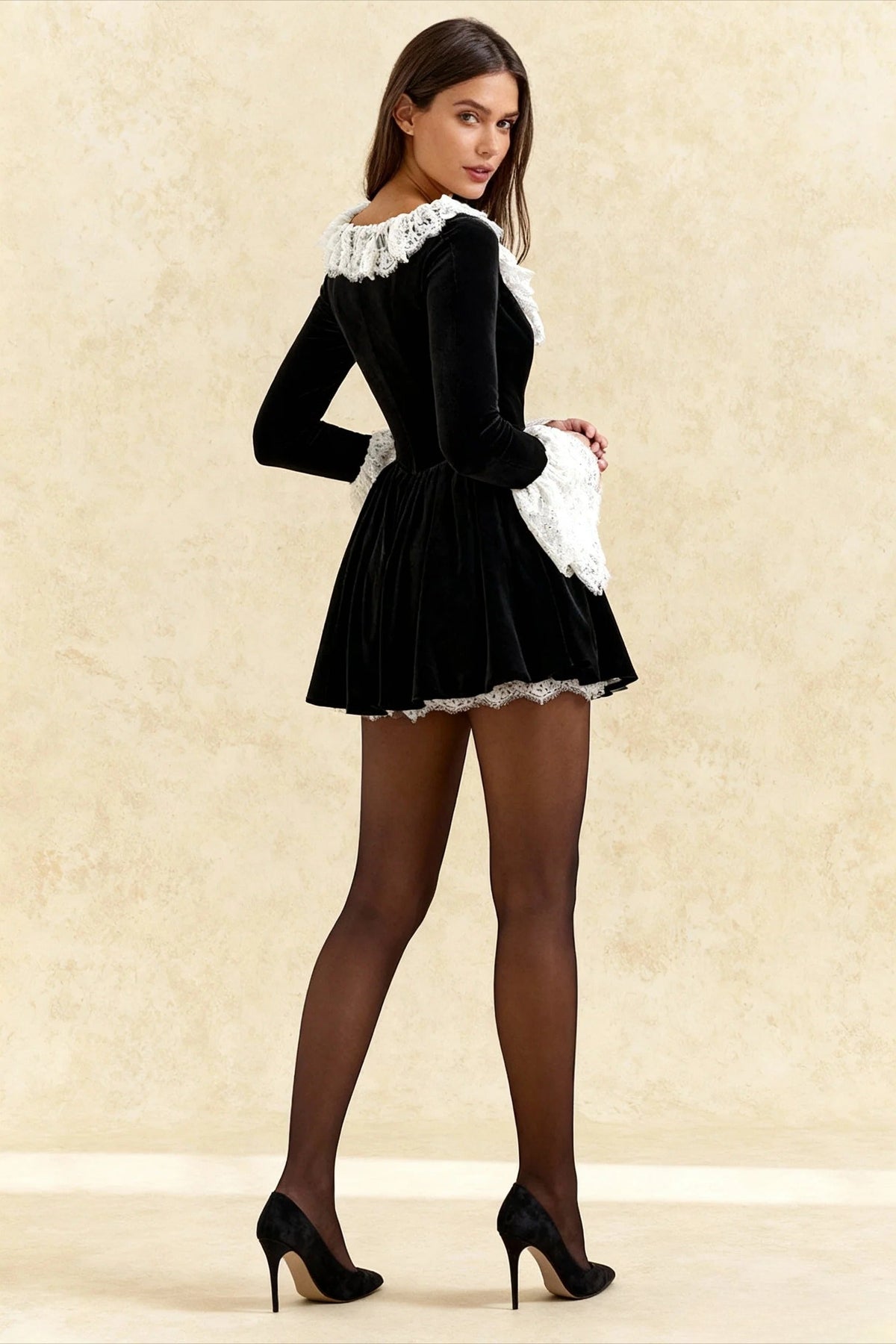 Square Neck Lace Trim Flared Sleeve Mini Dress - View 2