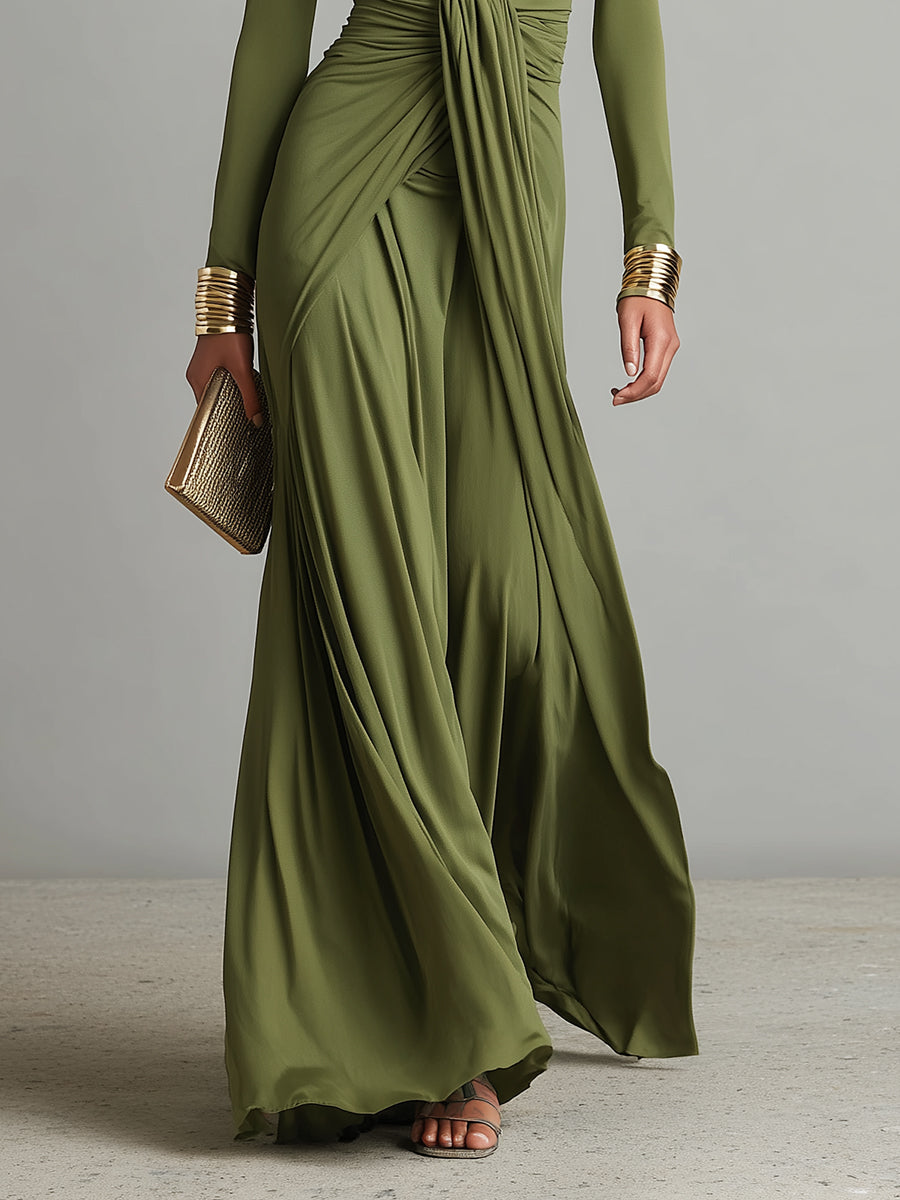 Deep V-Neck Long Sleeve Ruched Draped Maxi Dress Formal 3