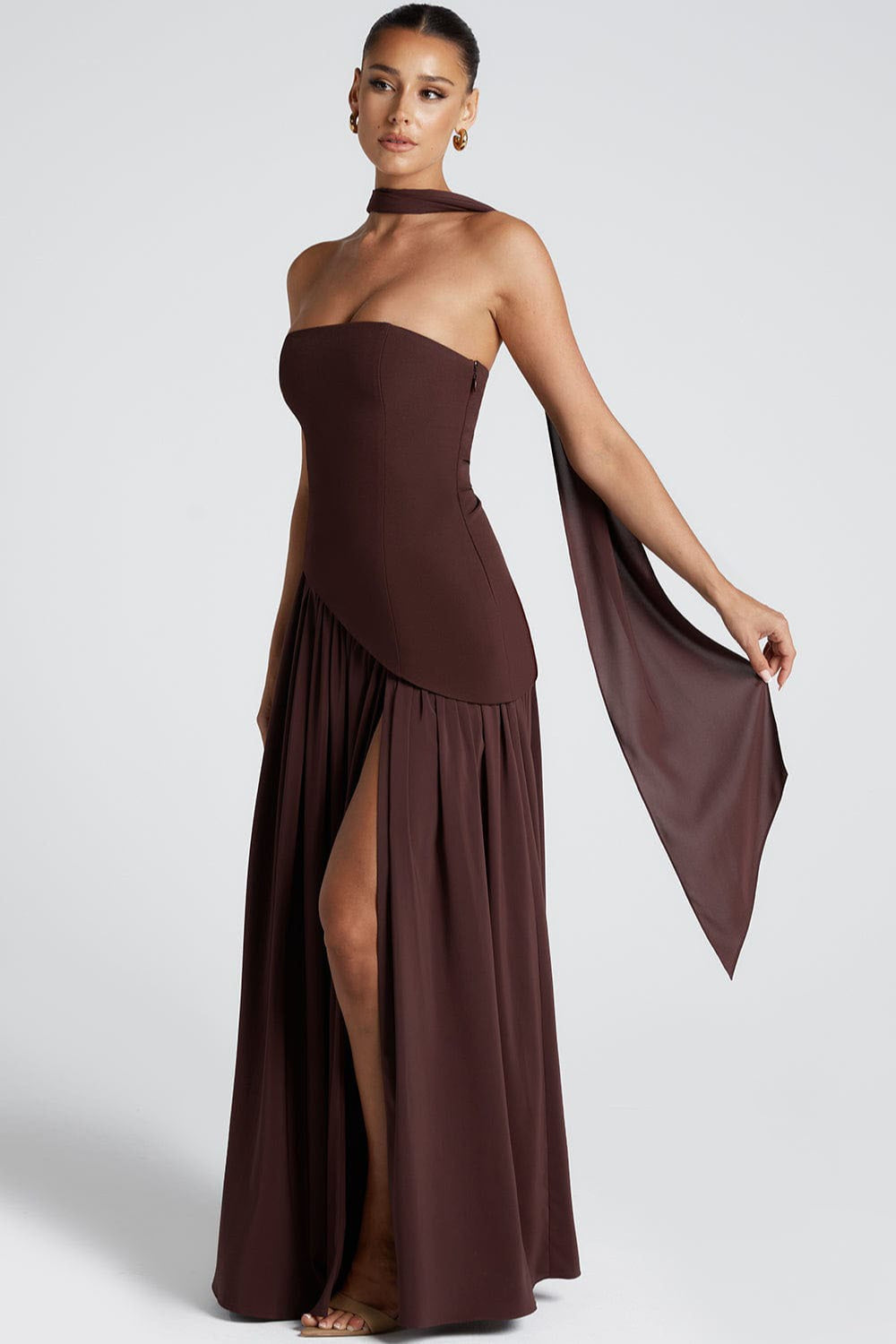Strapless Bustier Scarf Neck High Split Maxi Dress - View 8