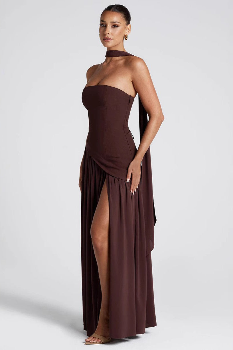 Strapless Bustier Scarf Neck High Split Maxi Dress - View 5