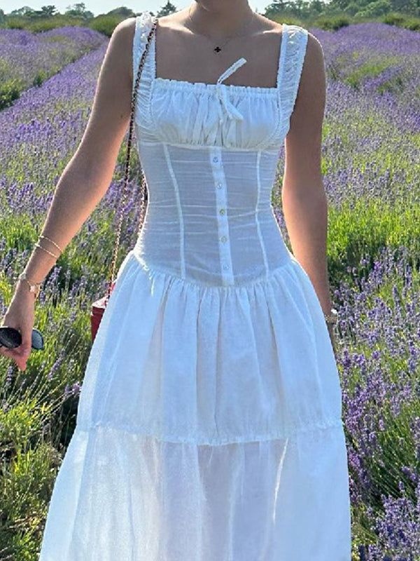 White French Pleated Layered Slim Midi Dress with Lace Up - View 4