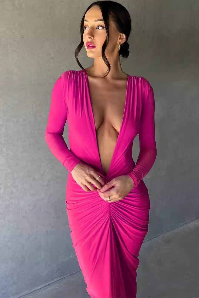 Deep V-Neck Long Sleeve Ruched Twist Front Bodycon Maxi Dress - View 3