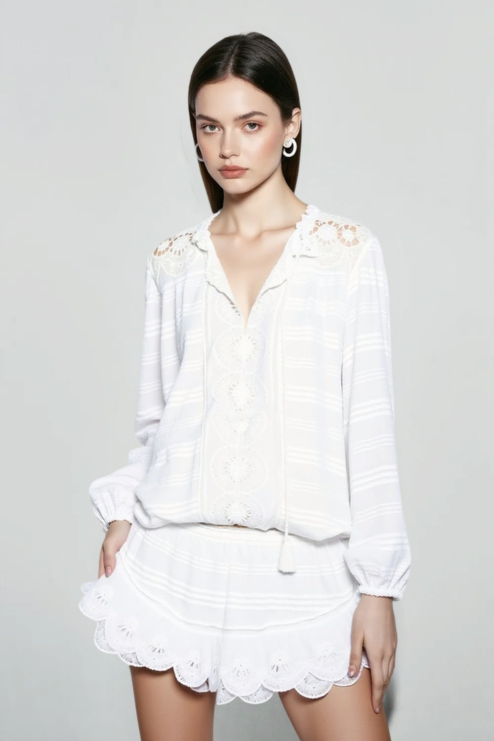Crochet Trim Long Sleeve Smocked Waist Eyelet Hem Mini Dress