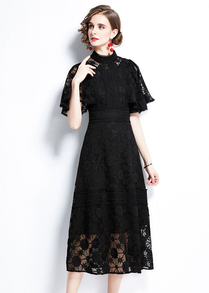 Lace Mock Neck Flutter Sleeve A-Line Midi Dress - View 3