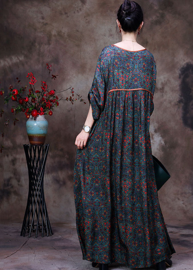 Patchwork Print Round Neck Elbow Sleeve Gathered Waist Boho Maxi Dress - View 4