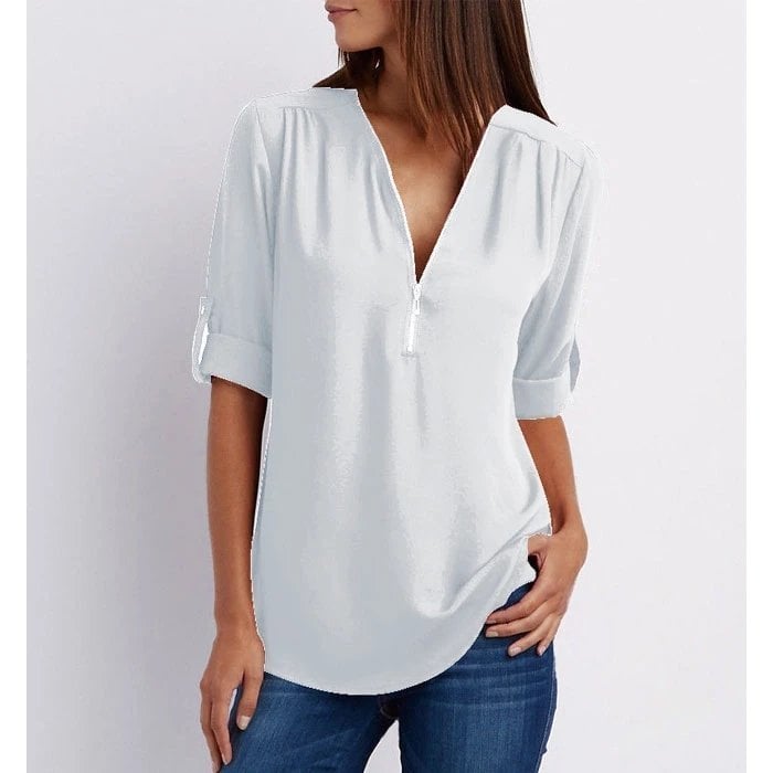 V-Neck Zip Front Roll Tab Sleeve Chiffon Blouse 2