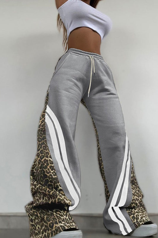 Leopard Print Stripe Color Block High Waist Loose Pants