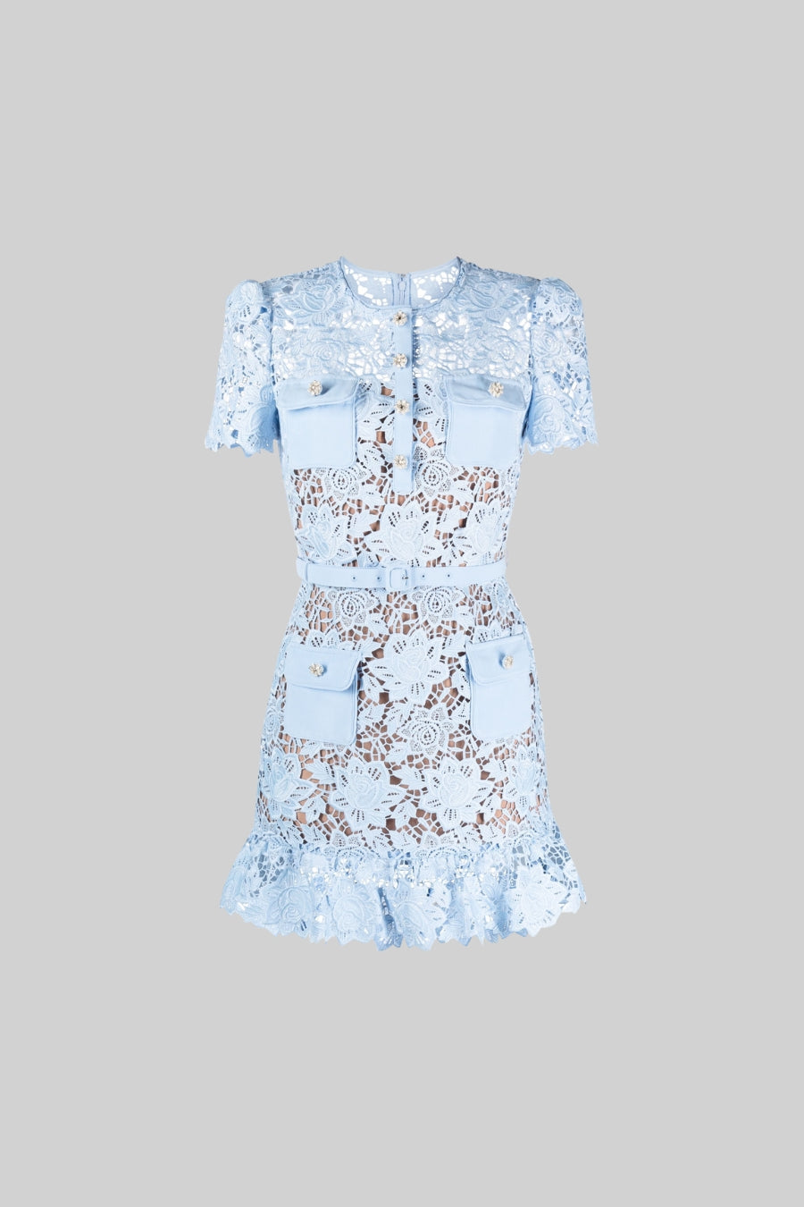 Floral Lace Short Sleeve Belted Pocket Button Front Mini Dress - View 9
