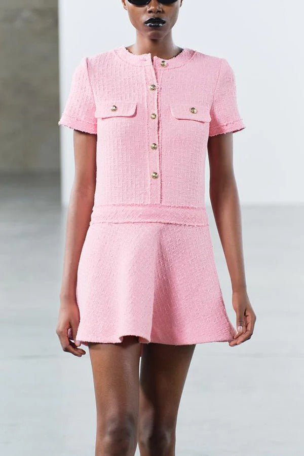 Textured Boucle Gold Button Short Sleeve A-Line Mini Dress - View 10