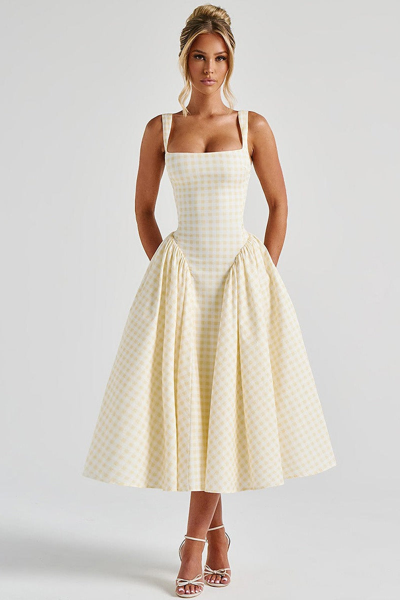 Plaid Square Neck Sleeveless Fit and Flare Midi Dress - View 4