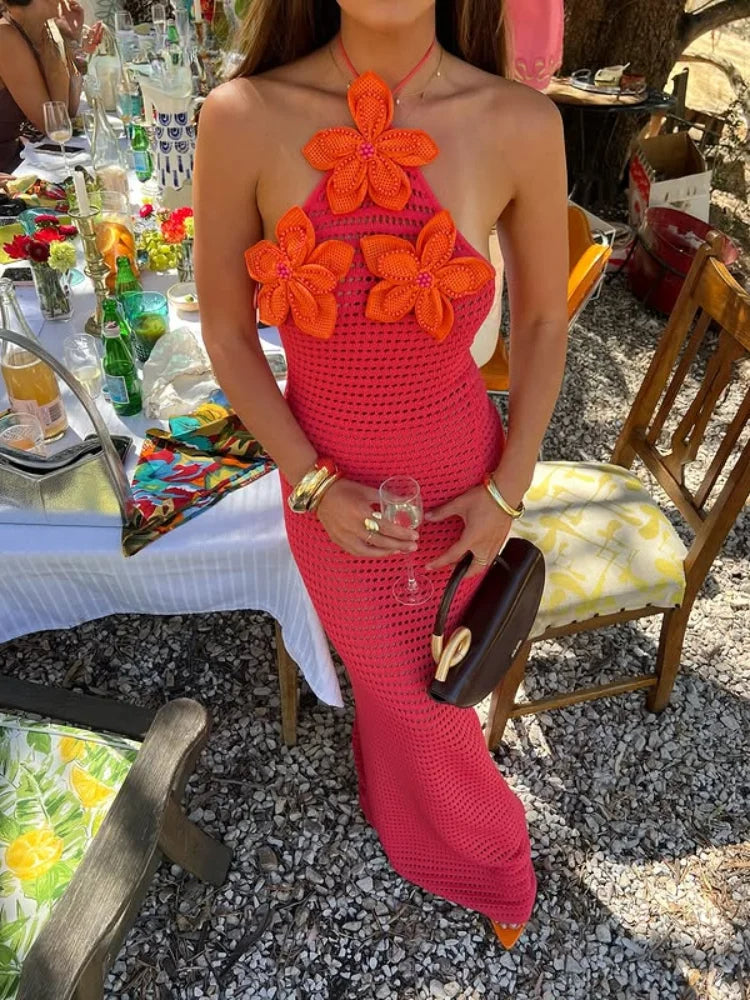 Crochet Halter Neck 3D Flower Backless Maxi Summer Dress