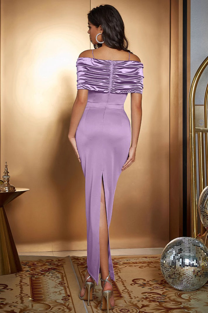 Satin Ruched Panel Off-Shoulder Fitted Silk Dress - View 5