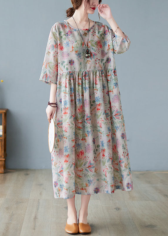 Watercolor Floral Print Round Neck Half Sleeve Maxi Dress