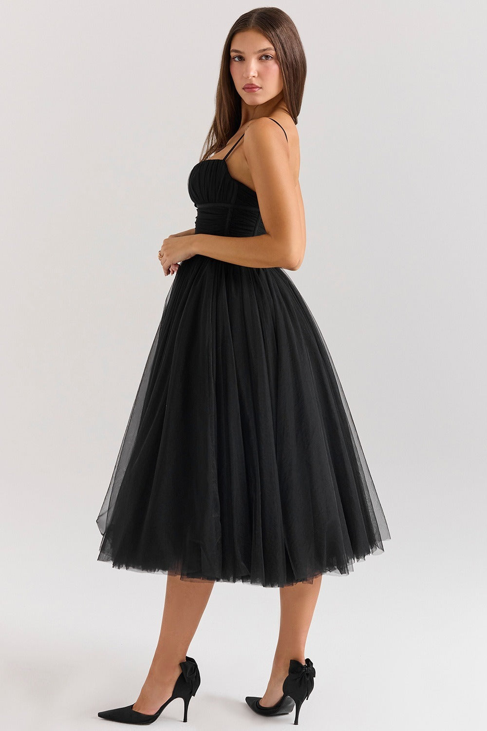 Tulle Sweetheart Spaghetti Strap Corset Fit and Flare Midi Dress - View 2