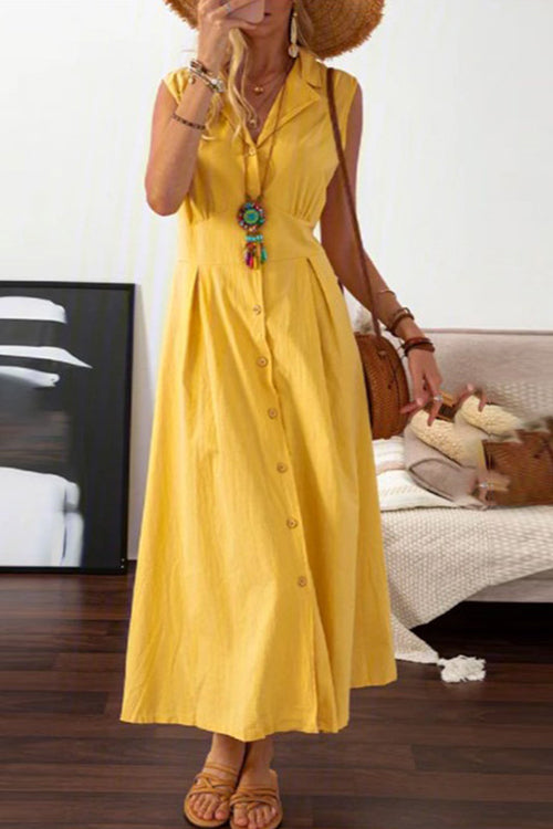 V-Neck Lapel Collar Sleeveless Button Front A-Line Midi Dress - View 5