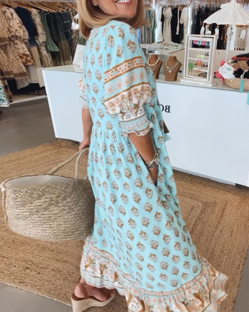 Printed V-Neck Ruffle Short Sleeve Tiered Maxi Dress 2