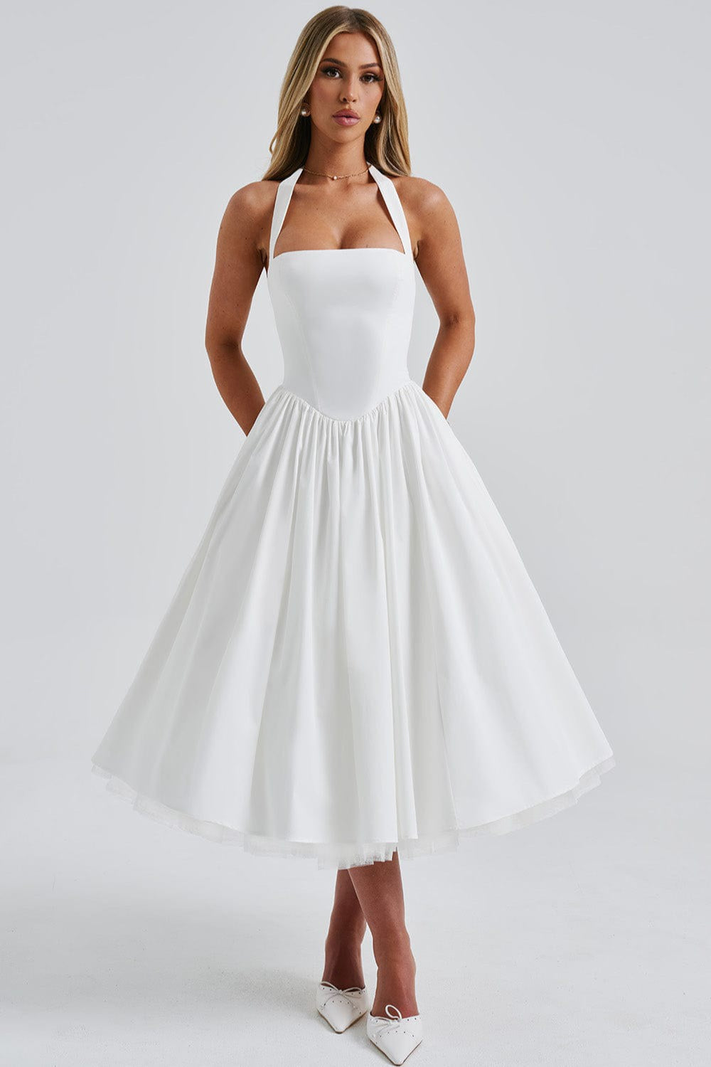 Halter Neck Basque Waist Pocket Gathered A-Line Midi Party Dress - View 3