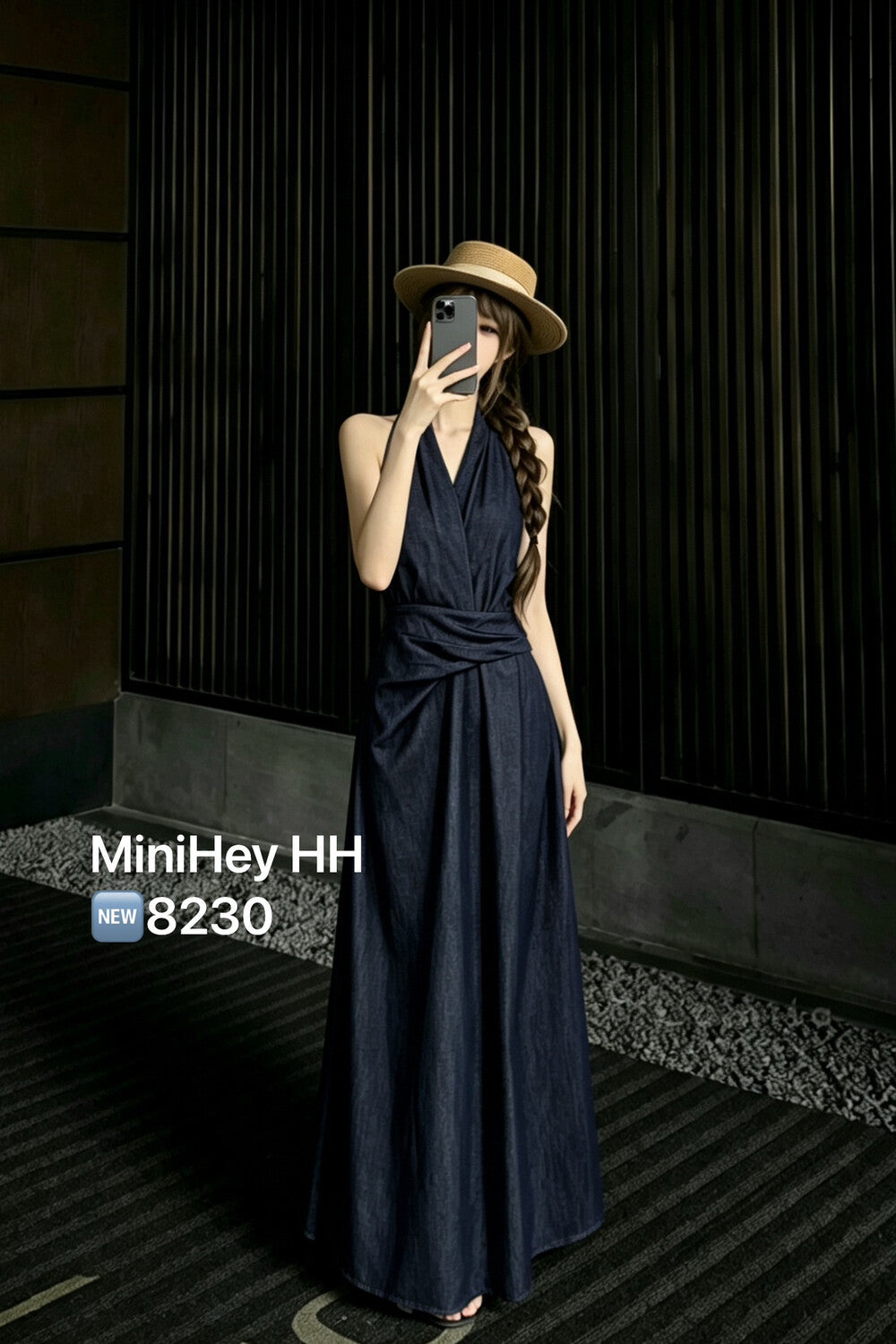 Denim Halter Neck Sleeveless Twist Waist Maxi Dress 9