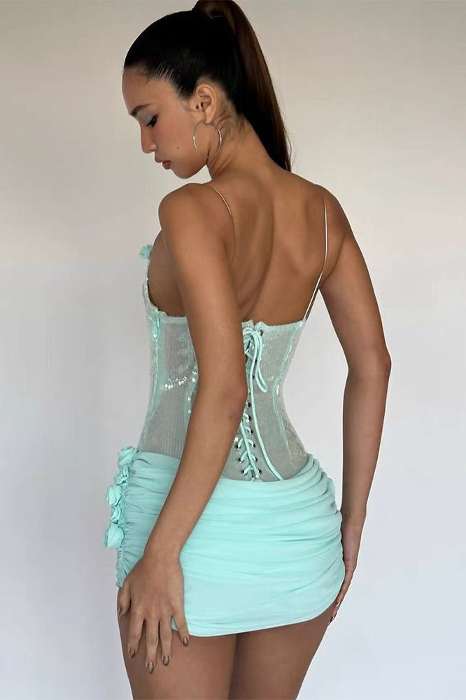 Sequin Scoop Neck Ruched Rosette Bodycon Mini Dress - View 2