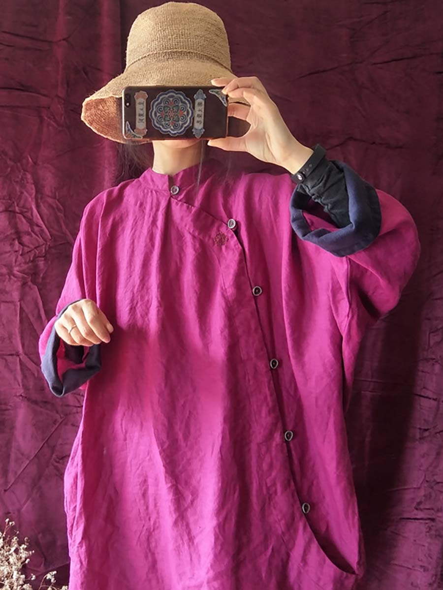 Mandarin Collar Long Sleeve Side Button Oversized Shirt Maxi Dress - View 5