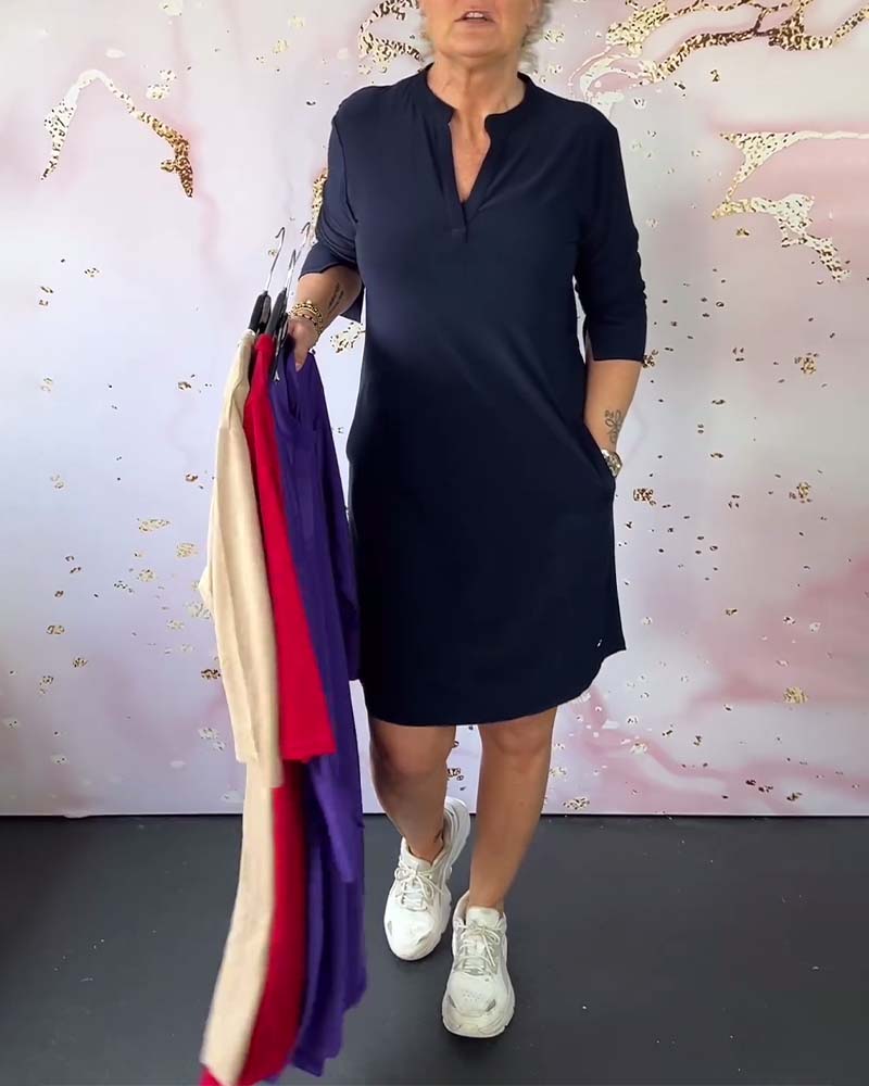 Three Quarter Sleeve Notched V-Neck Shift Knee Length Dress - View 4