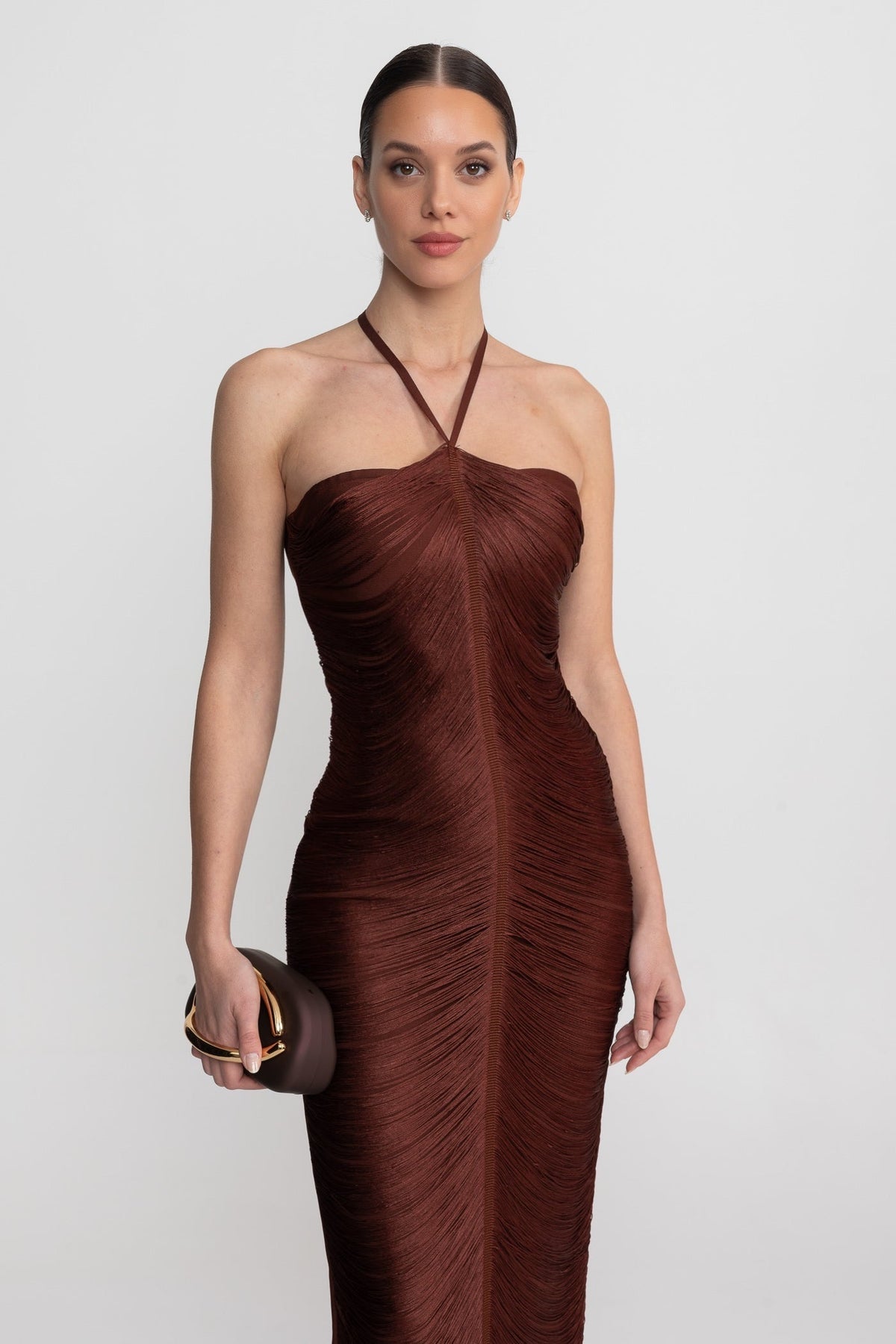 Halter Neck Midi Dress With All-Over Pleated Texture - Brown - View 4